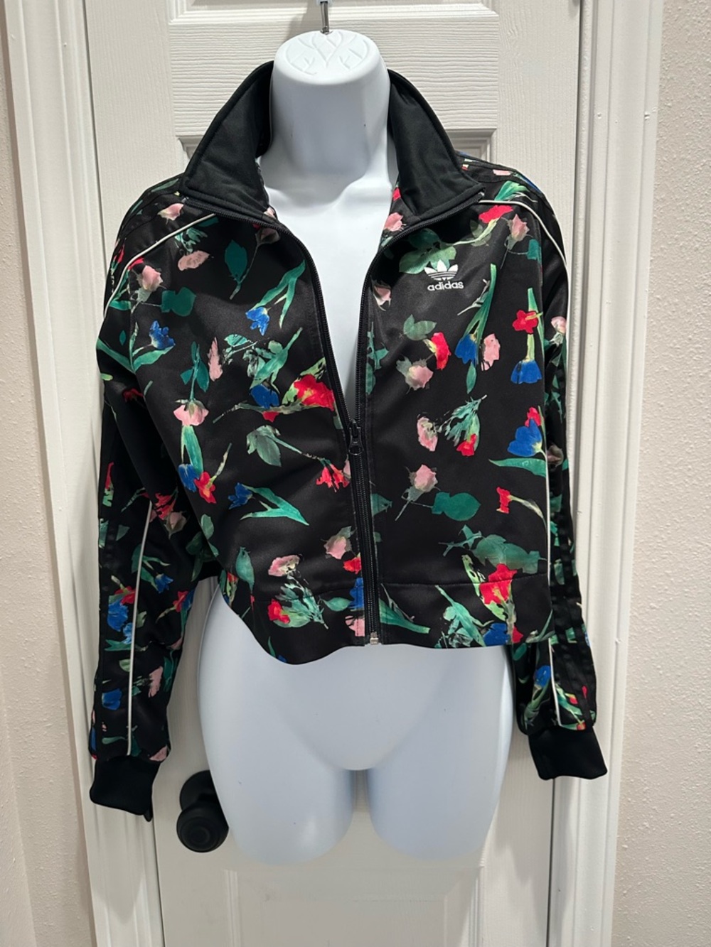 adidas Black Floral Cropped Bomber Jacket